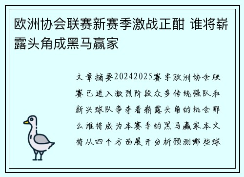 欧洲协会联赛新赛季激战正酣 谁将崭露头角成黑马赢家